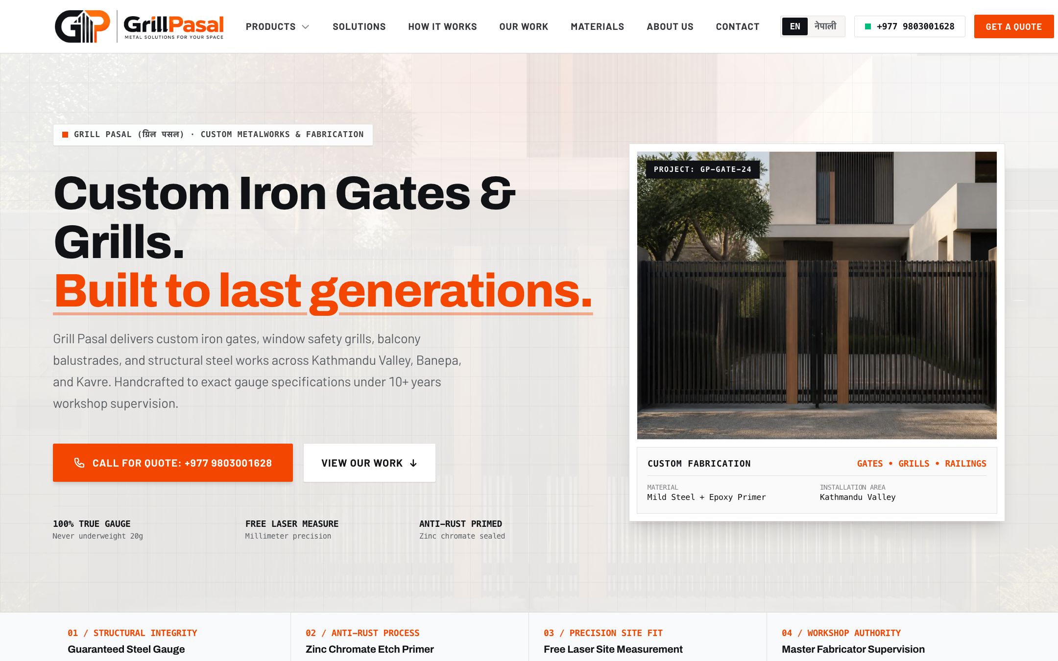 GrillPasal homepage showing custom iron gates and a call-for-quote button