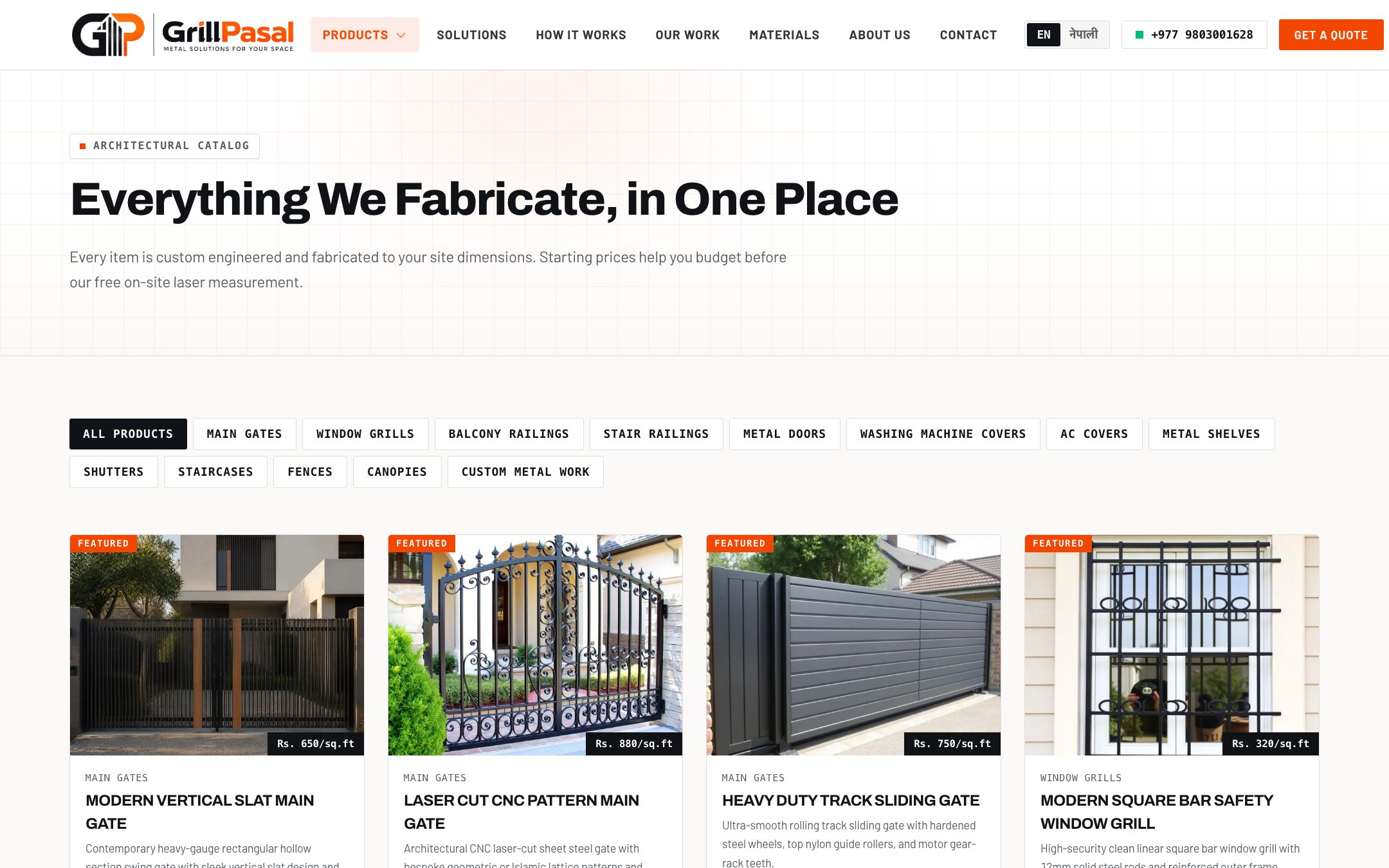 GrillPasal product catalogue filtered by categories such as main gates, window grills and railings